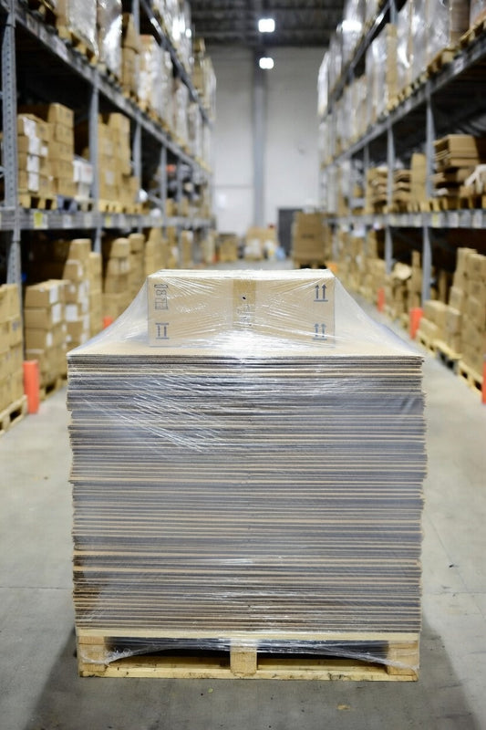 Pallet of SP-22146 22x14x6 corrugated shipping boxes stacked at SurePack Las Vegas warehouse