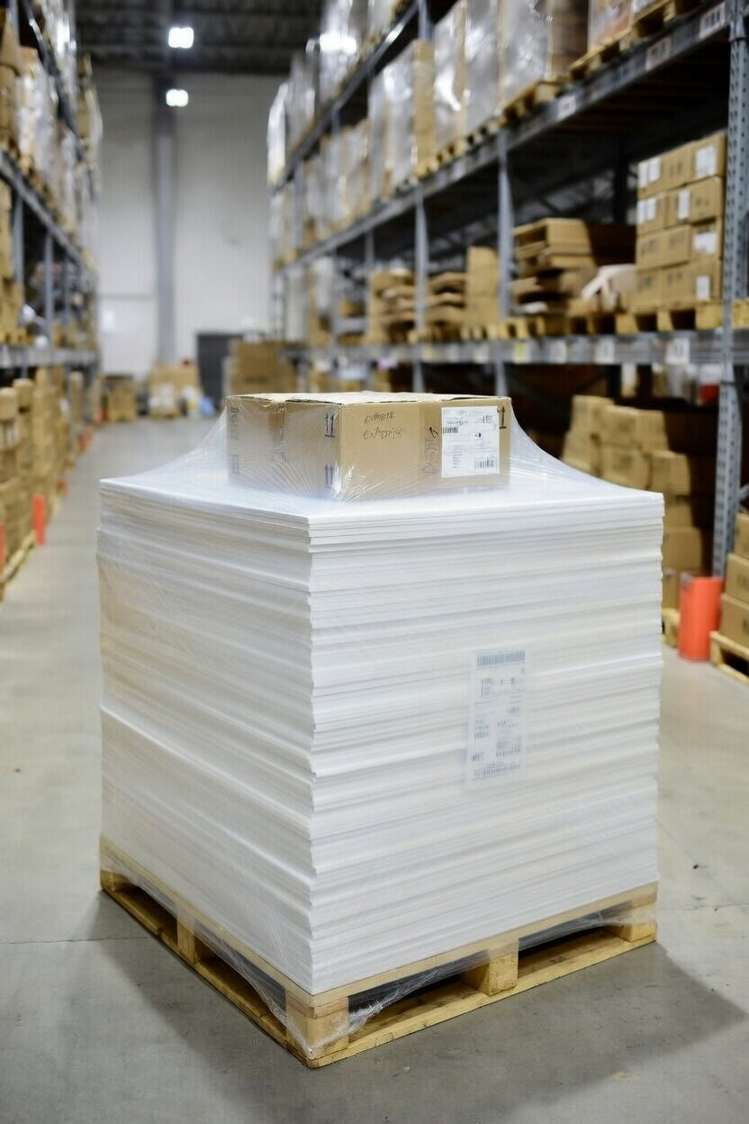 Stack of 22x14x6 corrugated boxes on warehouse pallet