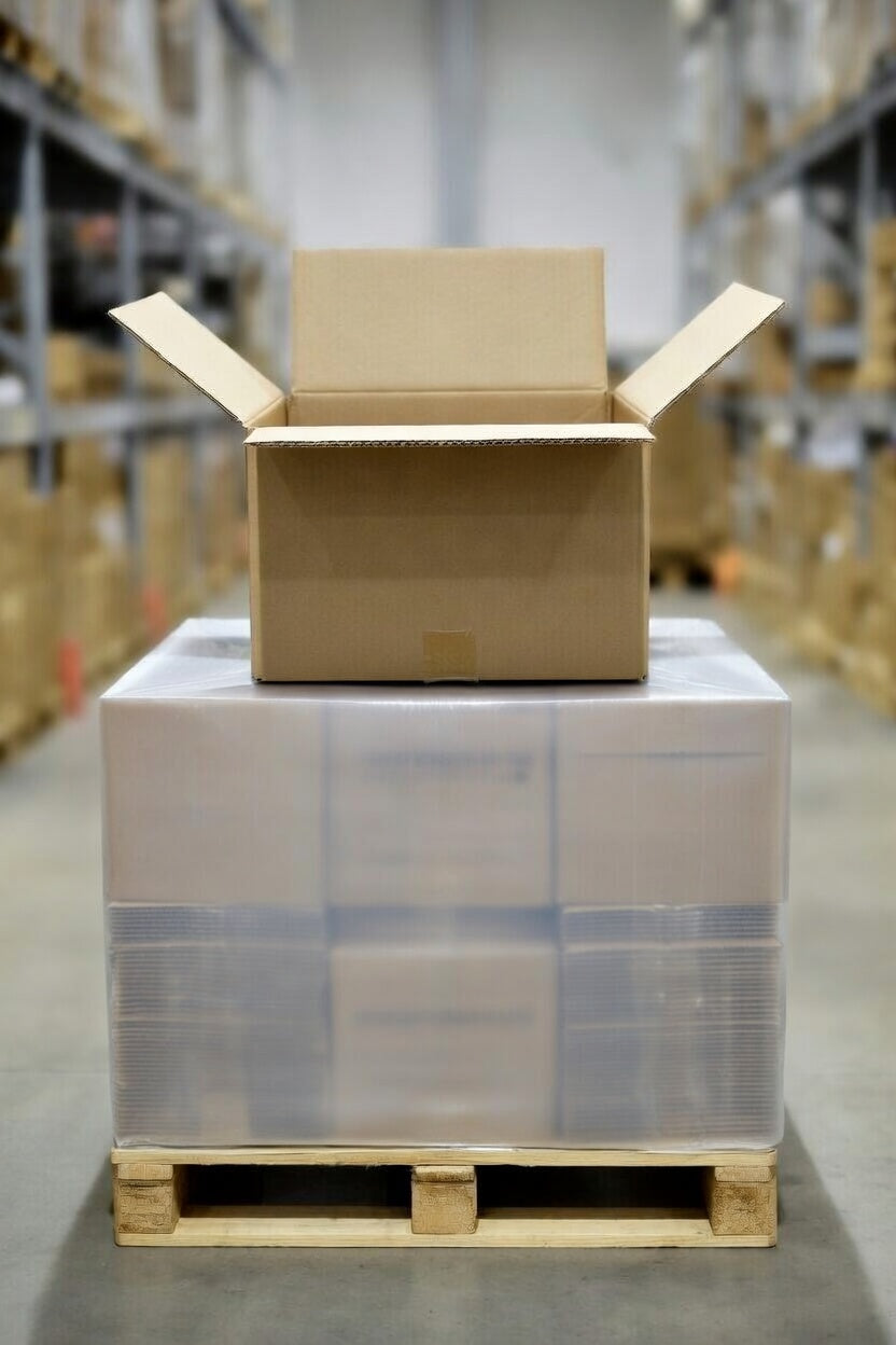 SP-12126 12x12x6 corrugated shipping boxes stacked at SurePack Las Vegas warehouse