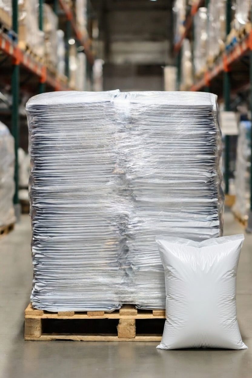 Heavy-duty white poly bags for industrial bulk storage at SurePack warehouse