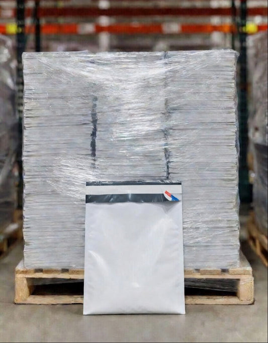 White 11x13 poly mailers stacked together, opaque waterproof shipping envelopes from SurePack USA