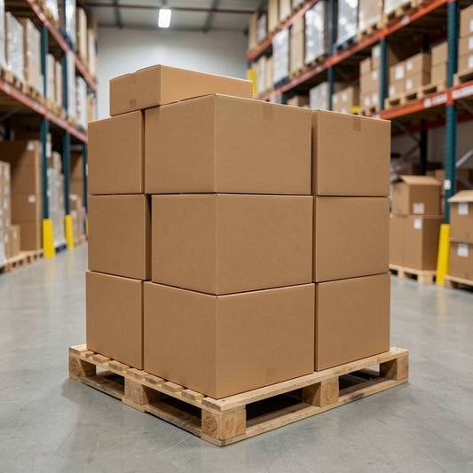 Stack of corrugated kraft shipping boxes on warehouse pallet — SurePack USA Las Vegas