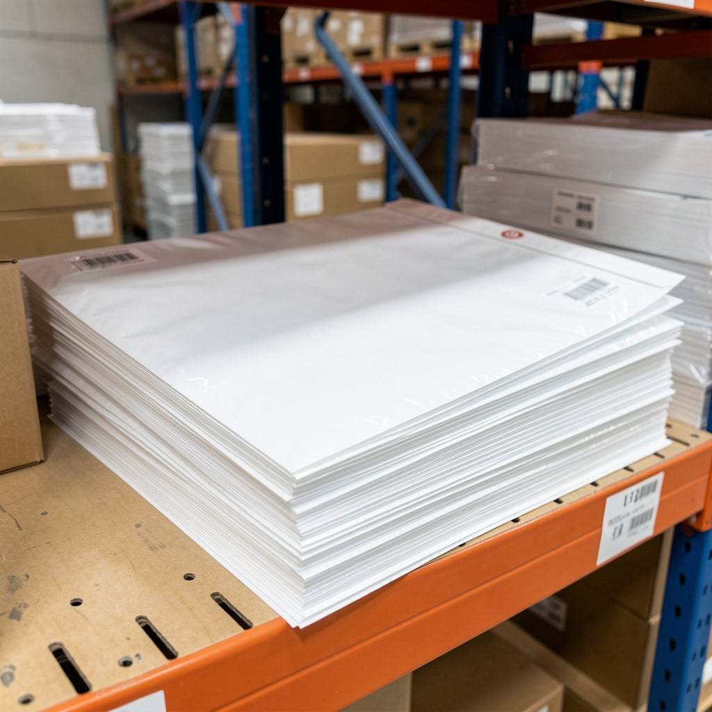 White poly mailer shipping envelopes stacked — waterproof self-sealing — SurePack USA